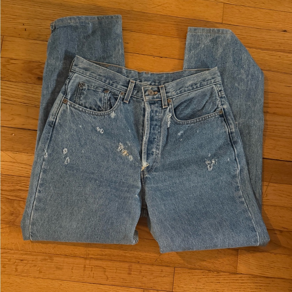 Re/Done Light Blue Distressed Straight Leg Jeans - Picture 2 of 3